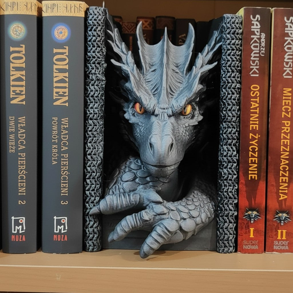 Magicland 3D ejderha kitap tutucu, gri renkte, turuncu gözlü ve detaylı zincir işçilikli, PLA malzemeden 3D baskı