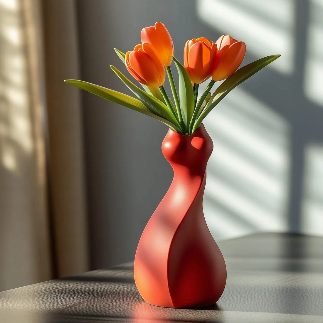 Kıvrımlı tasarımlı kırmızı 3D baskı dekoratif vazo, içinde laleler