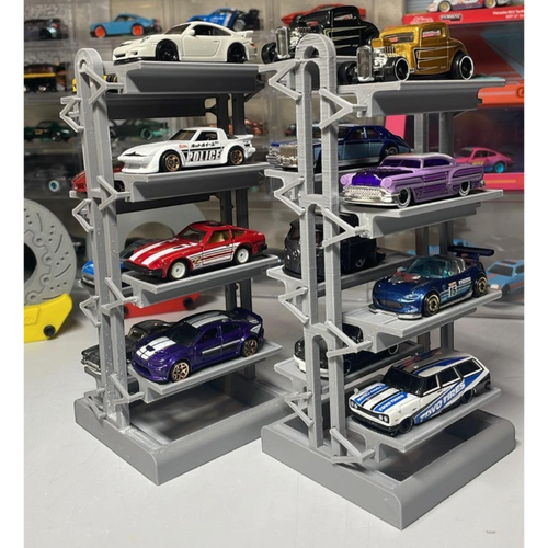 Magicland 3D asansör tasarımlı, 8 araç kapasiteli model araba standı, gri renkte, 3D baskı.