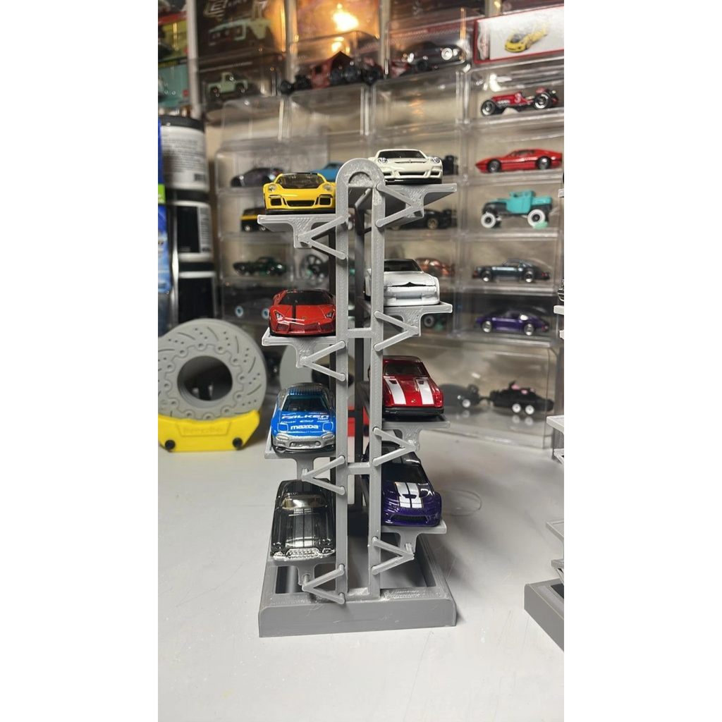 Magicland 3D asansör tasarımlı, 8 araba kapasiteli model araba standı, gri renkte, 3D baskı.