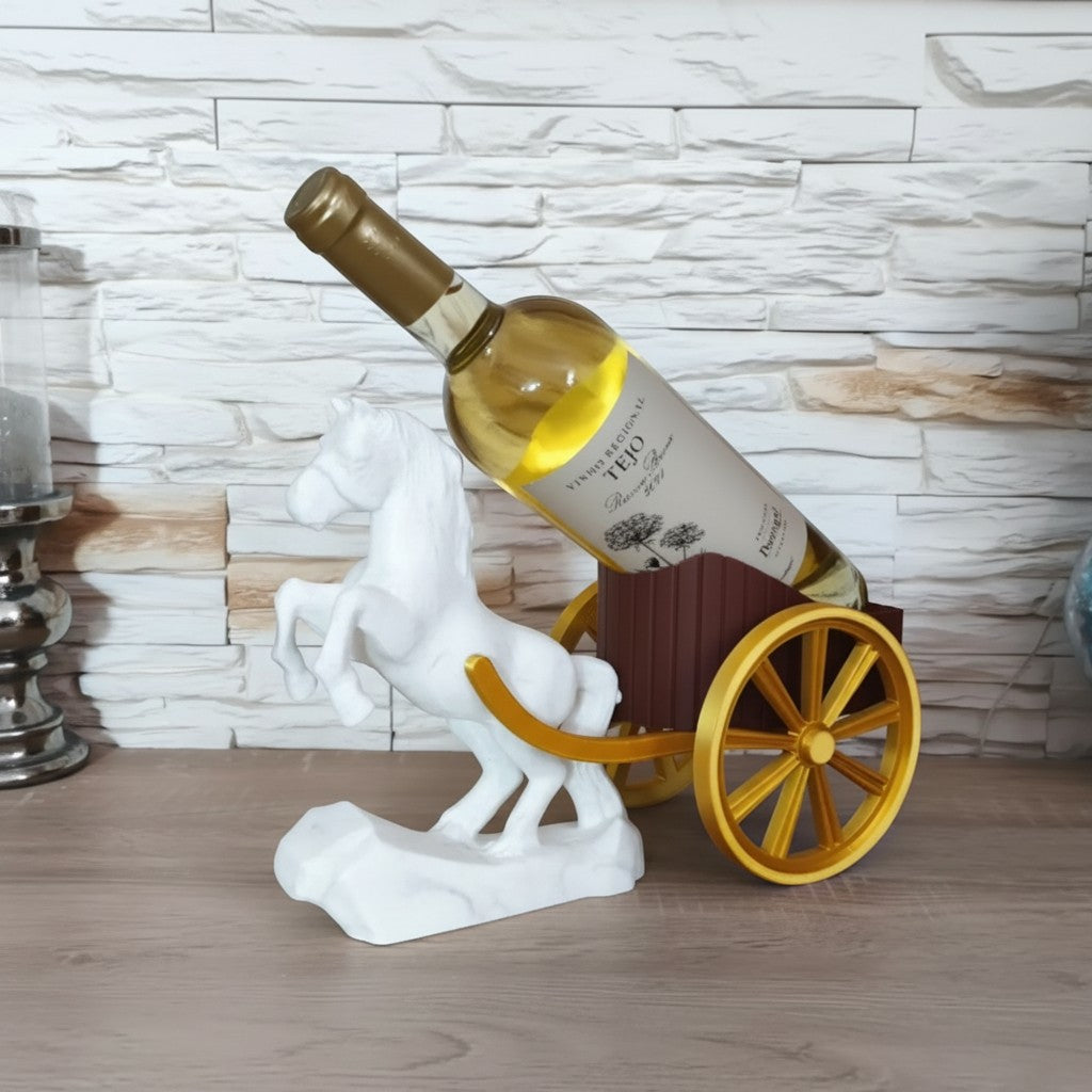 Magicland 3D beyaz at figürlü ve altın tekerlekli dekoratif şarap şişesi tutucu standı
