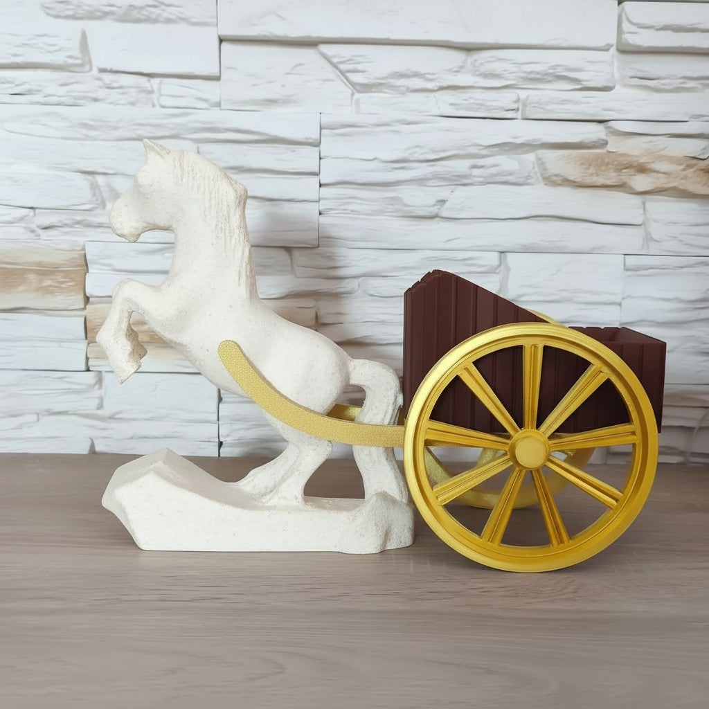 Magicland 3D şaha kalkmış at figürlü ve altın tekerlekli dekoratif şarap şişesi tutucu standı