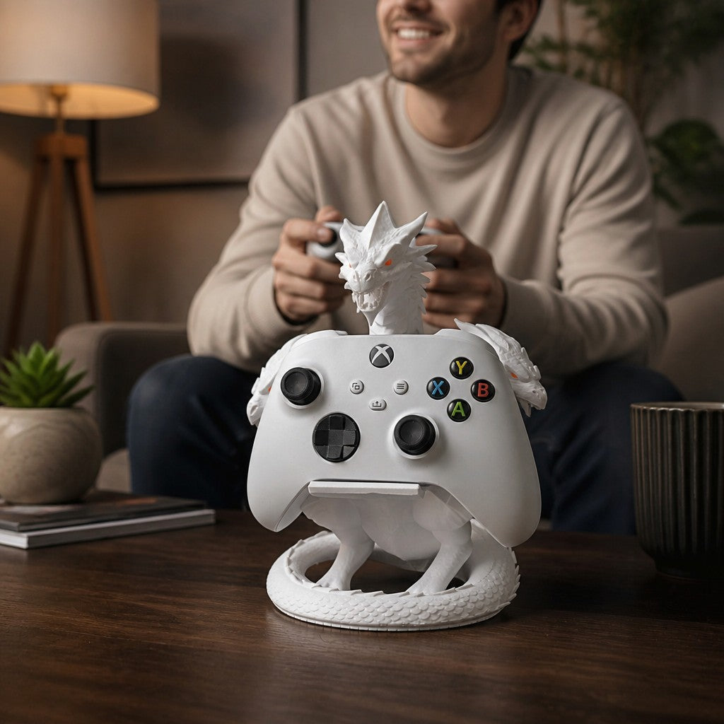 Magicland 3D beyaz üç başlı ejderha figürlü oyun kolu standı, masada duran Xbox kontrolcüsü ile