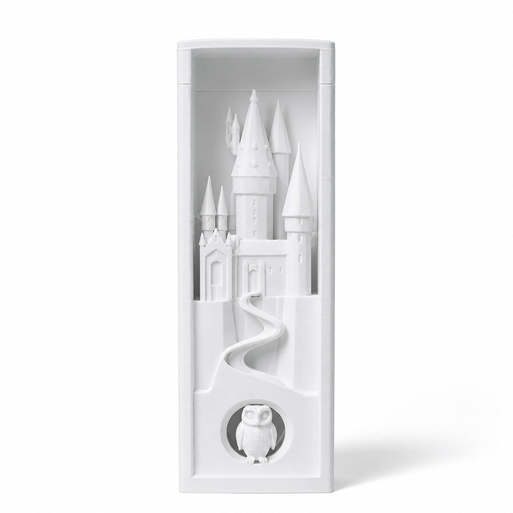 Magicland 3D beyaz Hogwarts şatosu temalı, baykuş figürlü ve kıvrımlı yol detaylı 3D baskı kitap tutucu