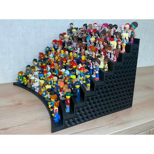 Magicland 3D büyük Lego figür standı, 117 figür kapasiteli, siyah plastik, merdiven şeklinde, koleksiyonluk figürler için ideal.