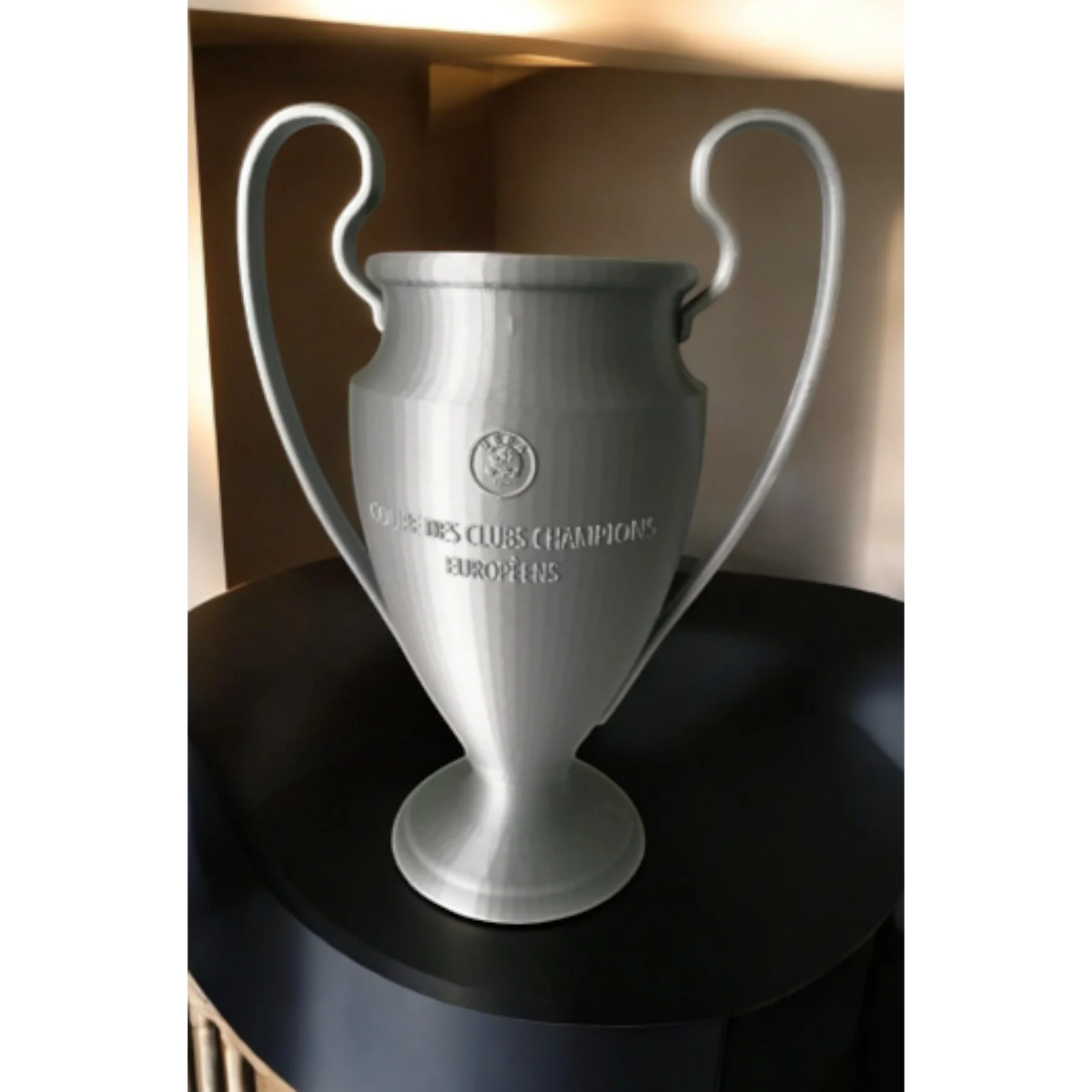 Magicland 3D Champions League trophy replica, silver, with embossed text and UEFA logo.