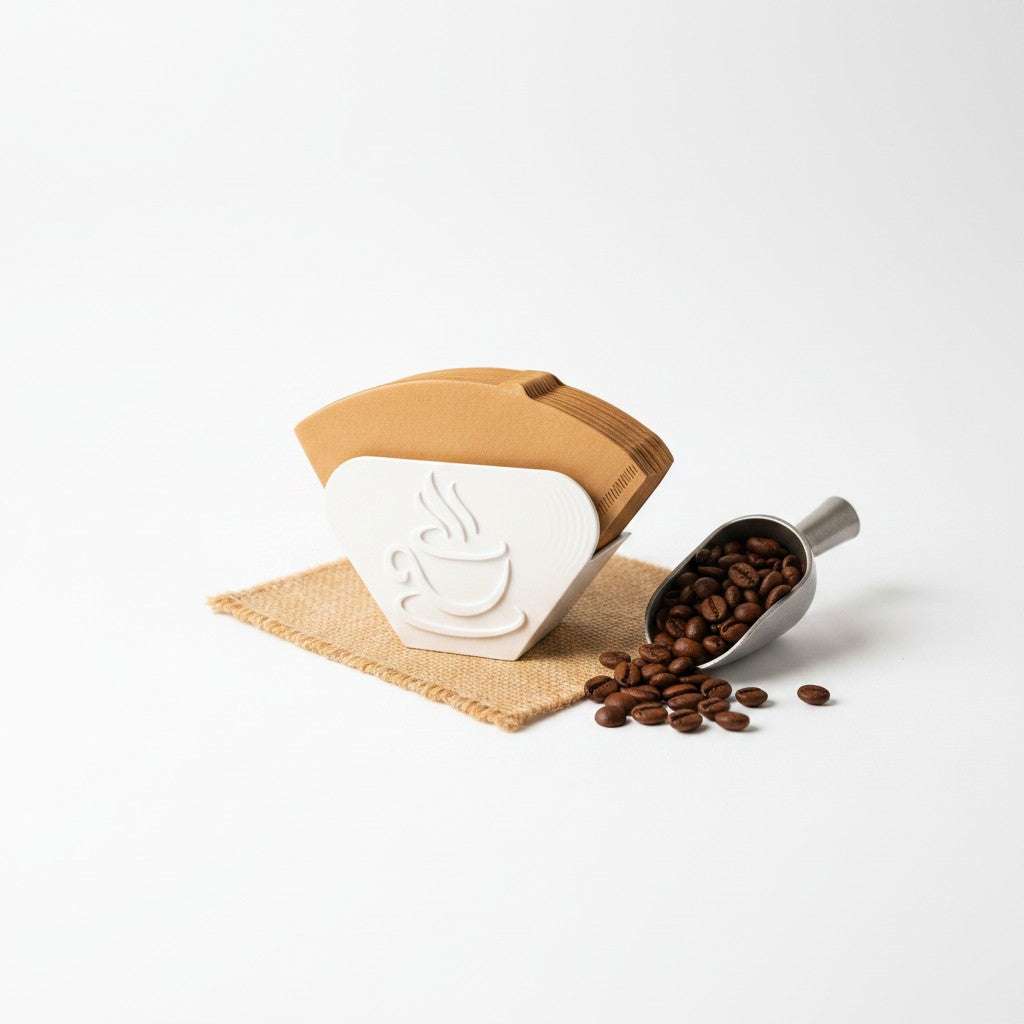 Magicland 3D white coffee filter holder with embossed coffee cup design, holding brown filters. Coffee beans and scoop nearby.