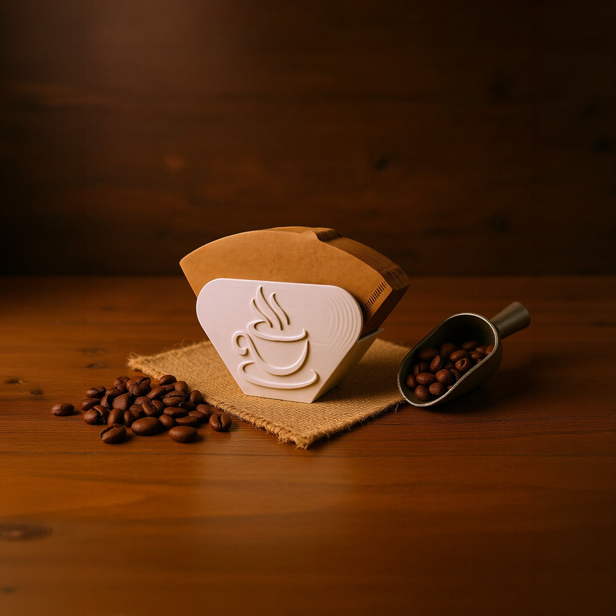 Magicland 3D white coffee filter holder with embossed coffee cup design, holding brown paper filters.