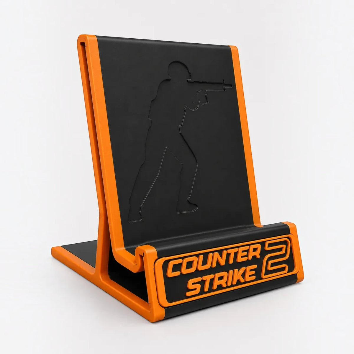 Magicland 3D turuncu siyah Counter Strike 2 temalı asker silüetli dayanıklı PLA plastik telefon standı