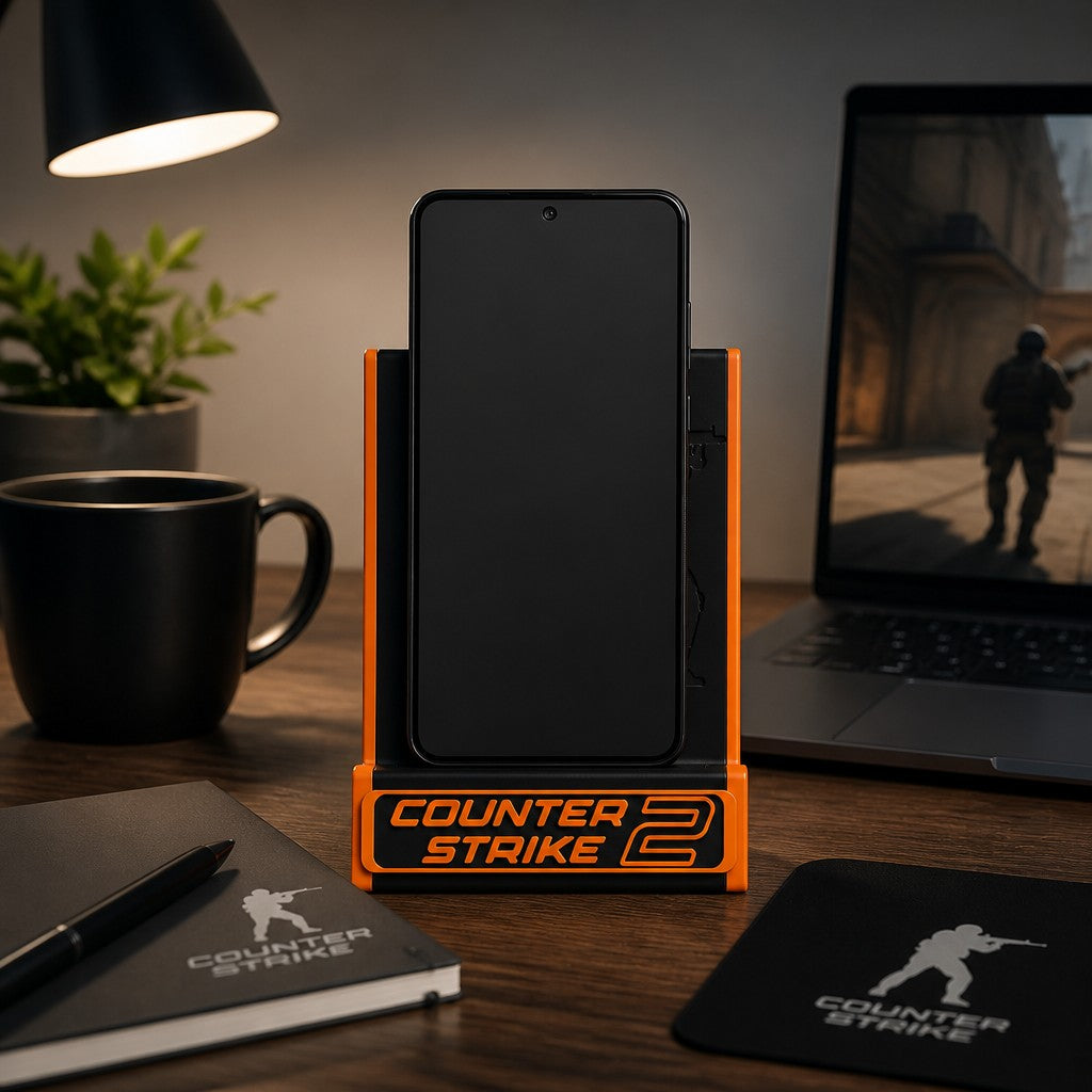Magicland 3D turuncu siyah Counter Strike 2 temalı 3D baskı telefon standı, çalışma masası üzerinde duruyor.