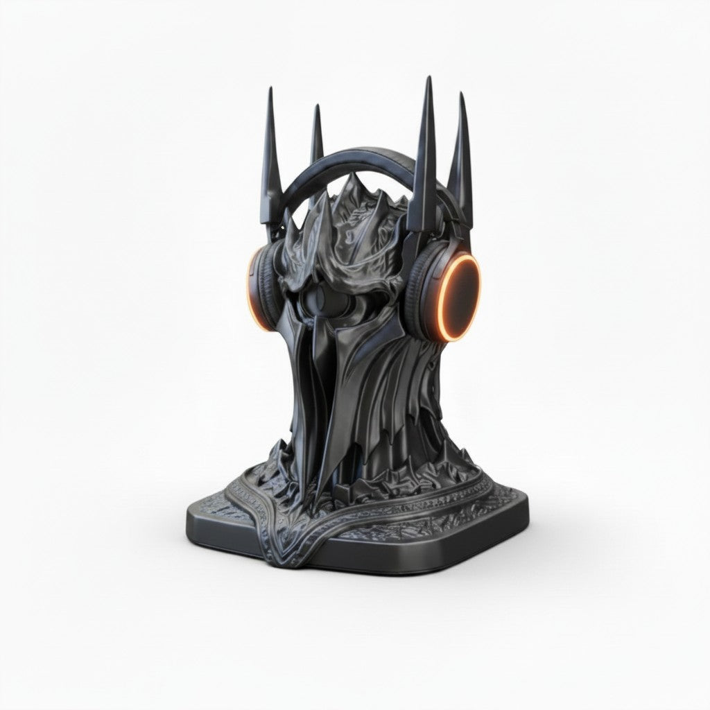 Magicland 3D Dark Lord kulaklık standı, kulaklık tutucu, gümüş renkli, turuncu ışıklı, detaylı tasarım.