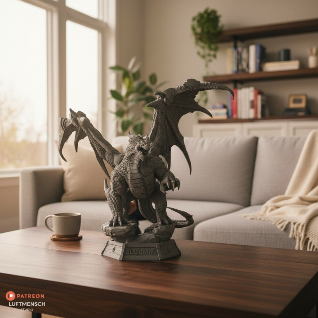Magicland 3D'den gri, detaylı Deathwing ejderha figürü, koleksiyonluk bir parça olarak sergileniyor.