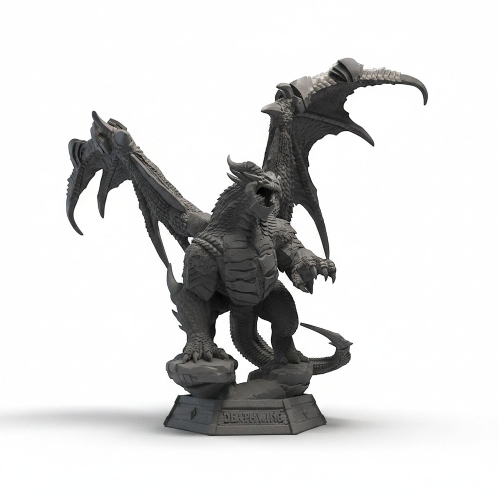 Magicland 3D WOW Deathwing figürü, detaylı zırhlı ejderha, açık ağızlı, pençeli, geniş kanatlı, kaya üzerinde duruyor.