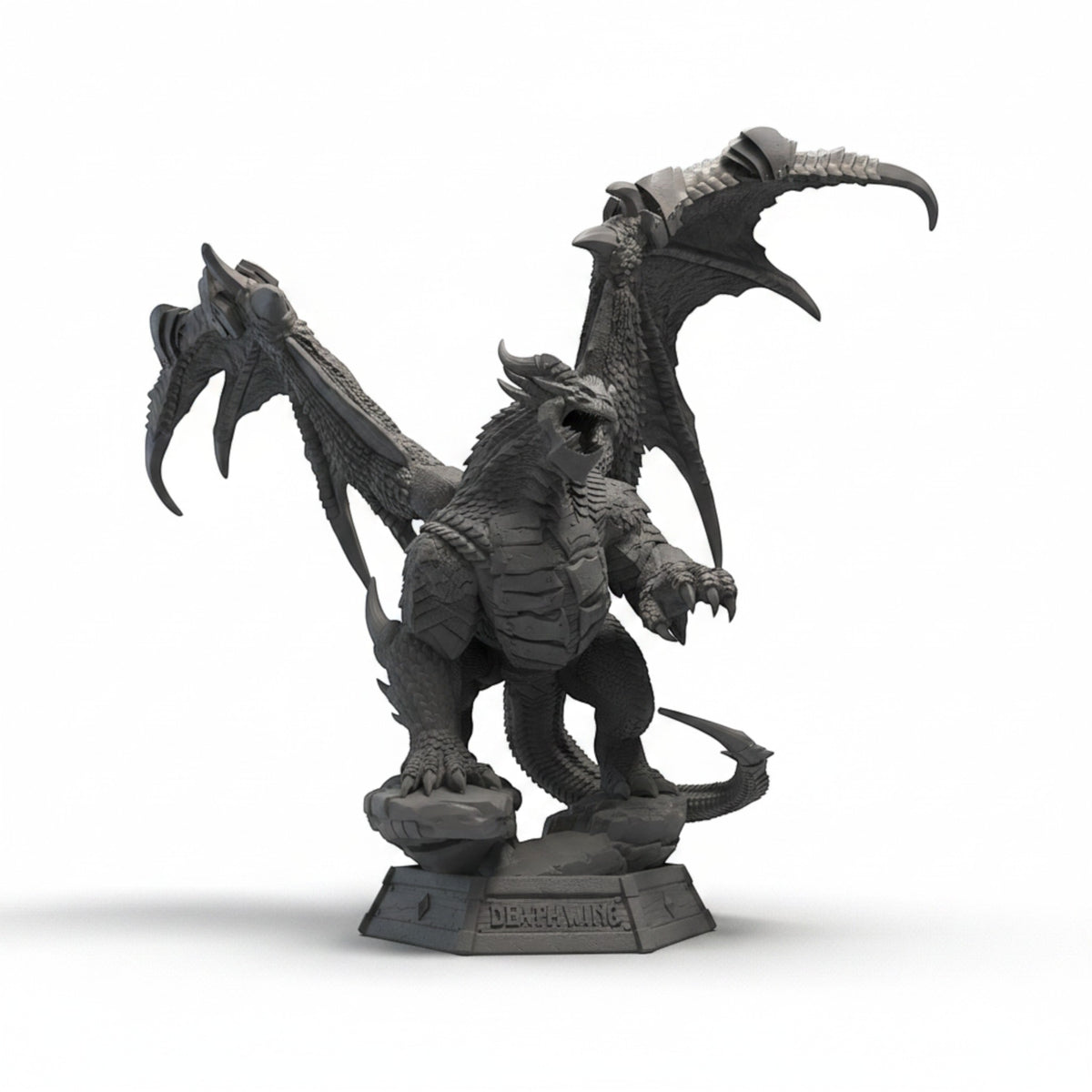 Magicland 3D WOW Deathwing figürü, detaylı zırhlı ejderha, açık ağızlı, pençeli, geniş kanatlı, kaya üzerinde duruyor.