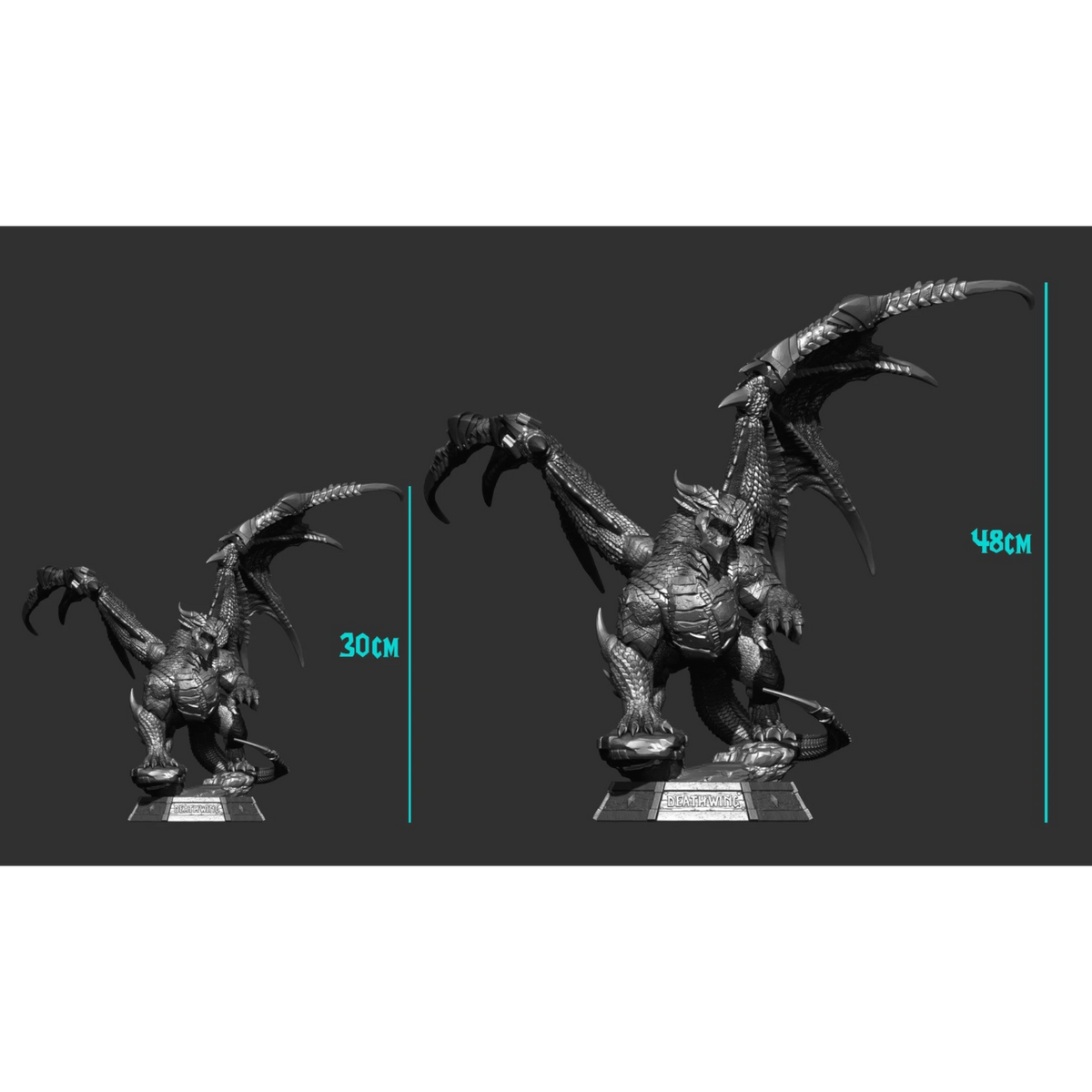 Magicland 3D'den 30 cm ve 48 cm boyutlarında iki adet Deathwing figürü, detaylı ejderha tasarımlı.