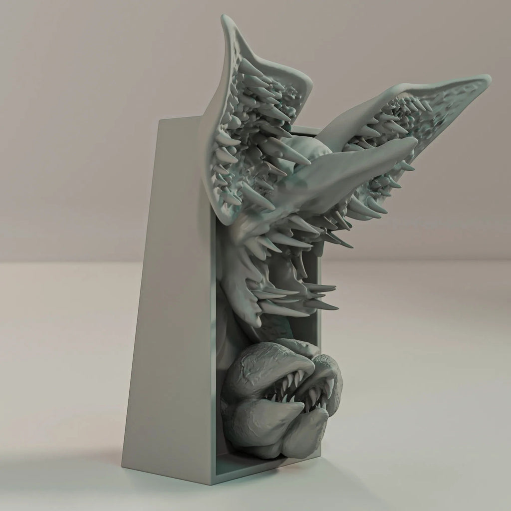 Magicland 3D tasarımı, dişli çene detaylarına sahip gri renkli, korku temalı Demogorgon kitap tutucu dekoratif obje.