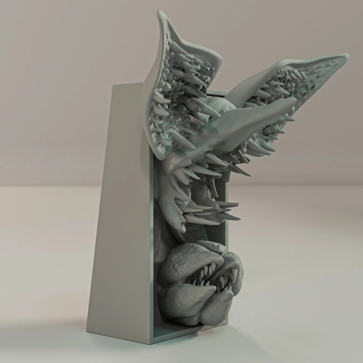 Magicland 3D tasarımı, dişli çene detaylarına sahip gri renkli, korku temalı Demogorgon kitap tutucu dekoratif obje.