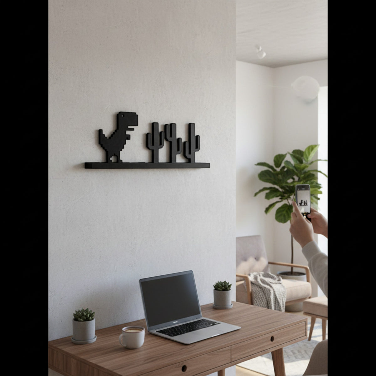 Magicland 3D black pixelated dinosaur and cactus wall decor on a shelf.