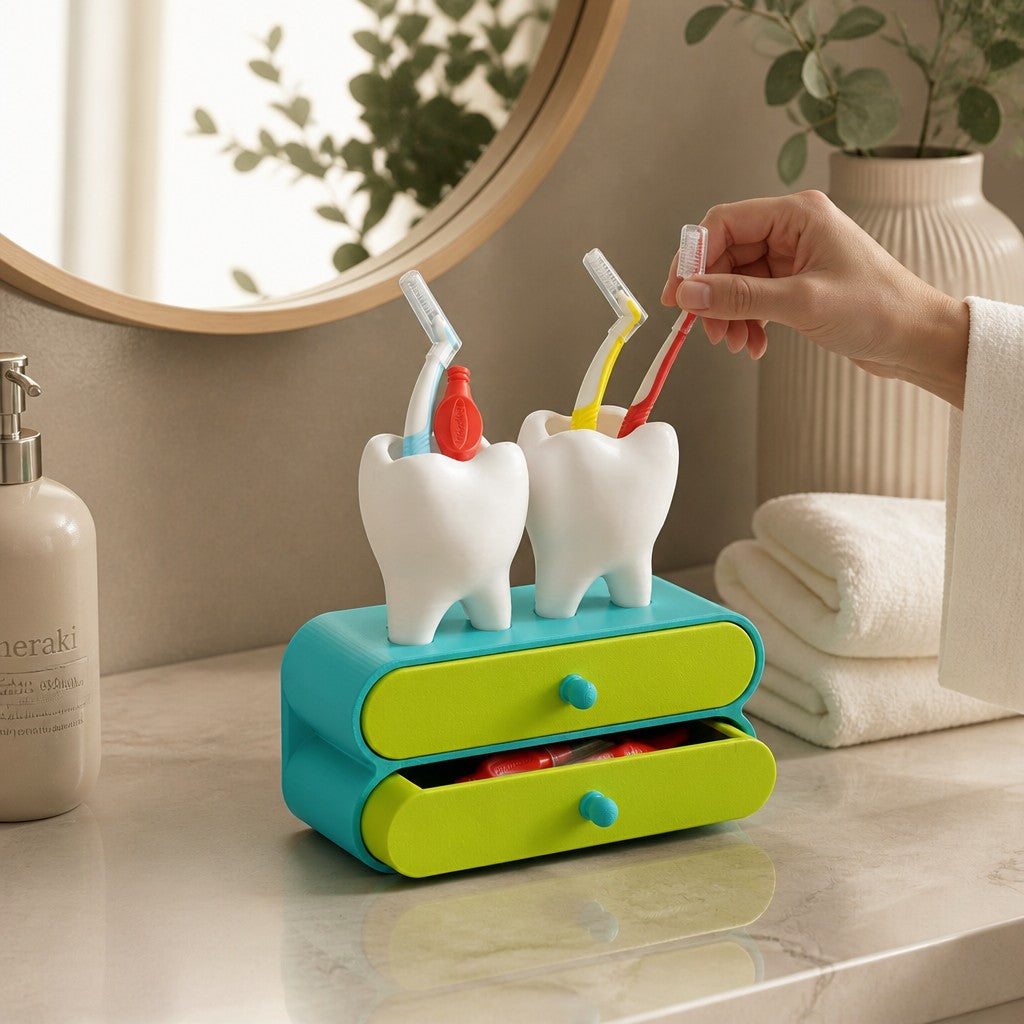 Magicland 3D diş figürlü, turkuaz ve yeşil çekmeceli, diş fırçası ve diş ipi düzenleyici banyo standı.