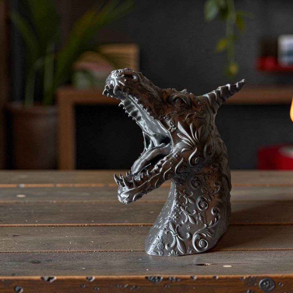 Magicland 3D ejderha tasarımlı kulaklık ve kol standı, detaylı kabartmalı gümüş renkli.
