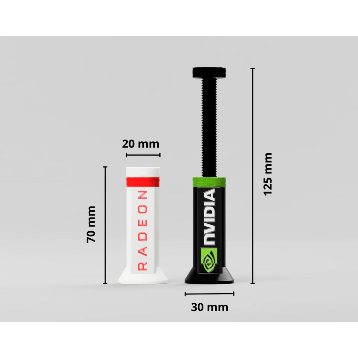 Magicland 3D, Nvidia ve AMD uyumlu, ayarlanabilir ekran kartı destek standı. Beyaz ve kırmızı Radeon standı 70mm, siyah ve yeşil Nvidia standı 125mm.
