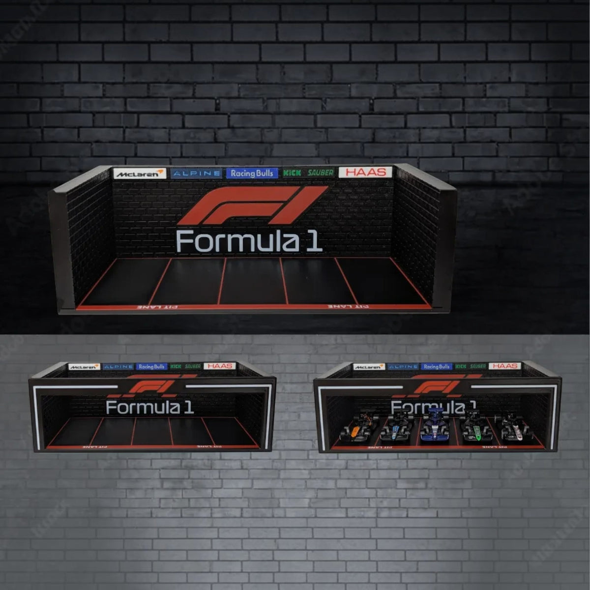 Magicland 3D 1:64 ölçekli Formula 1 pit garajı diorama standı, tuğla dokulu duvar ve takım logoları ile siyah zemin.