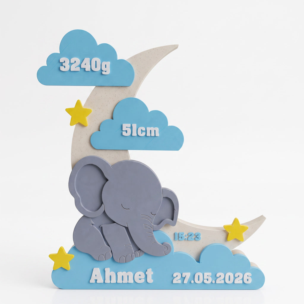 Magicland 3D kişiselleştirilebilir fil figürlü, ay ve bulut temalı mavi gri tonlarda bebek doğum bilgisi panosu