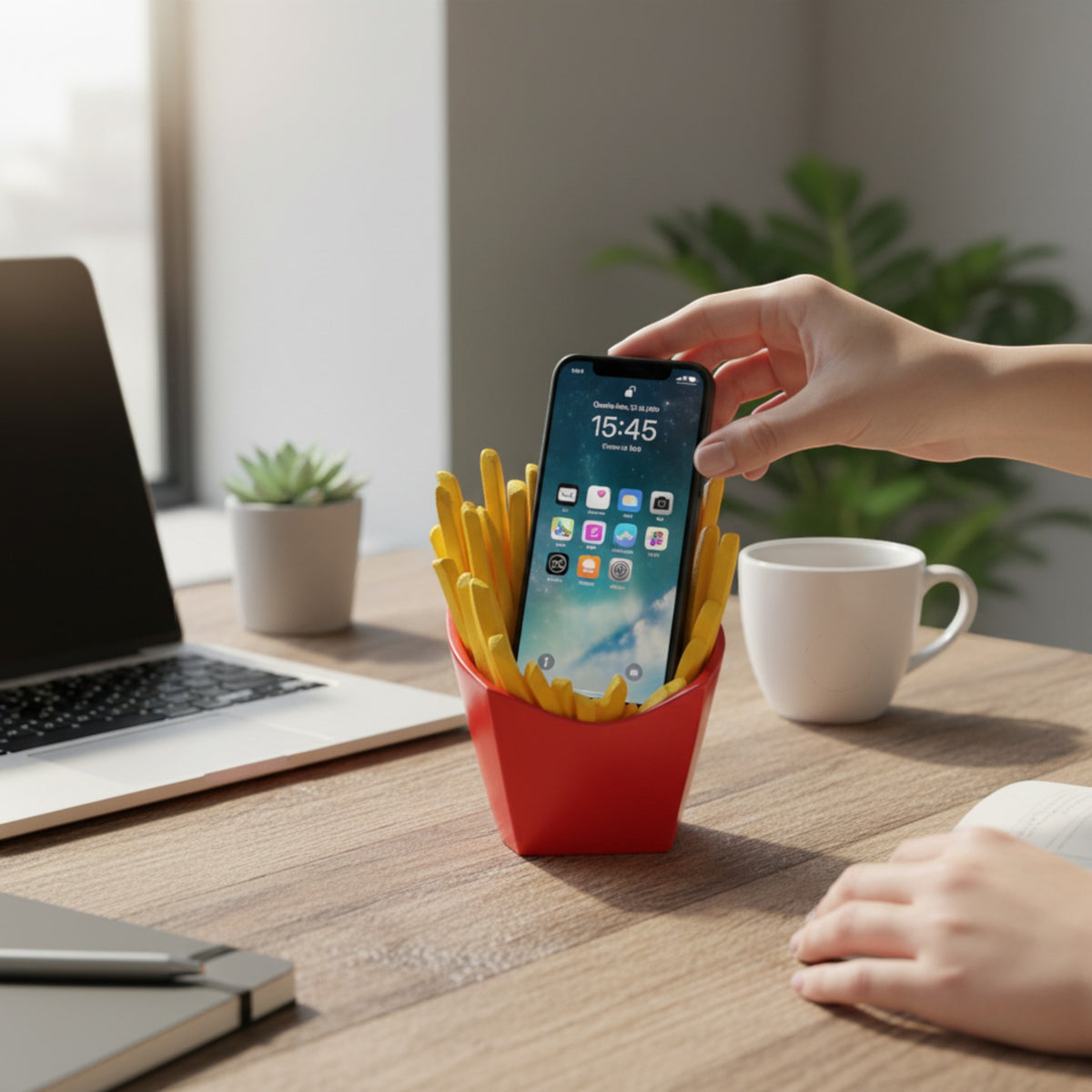 Magicland 3D novelty phone holder shaped like a red carton of french fries with yellow fries. A hand places a smartphone into the holder.