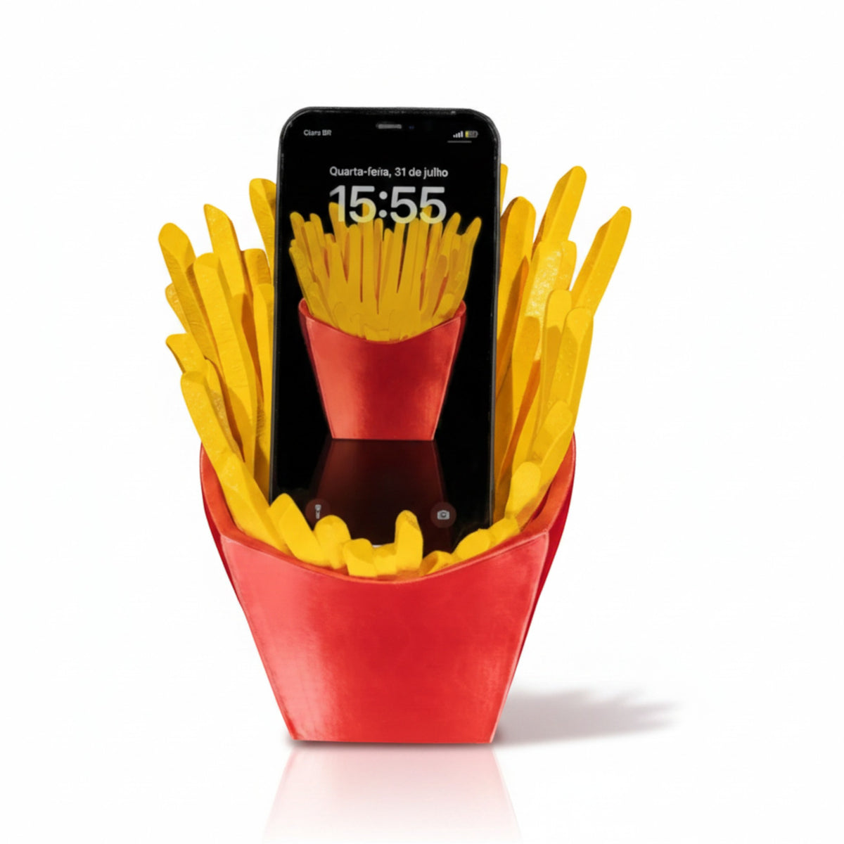 Magicland 3D phone stand shaped like a red carton of french fries with yellow fries. Holds a smartphone.