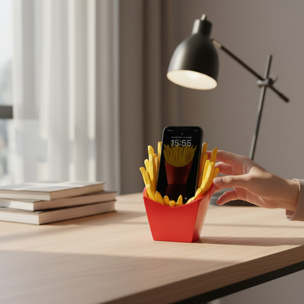 Magicland 3D novelty phone stand shaped like a red fast-food container filled with realistic french fries. A smartphone is propped up by the fries.