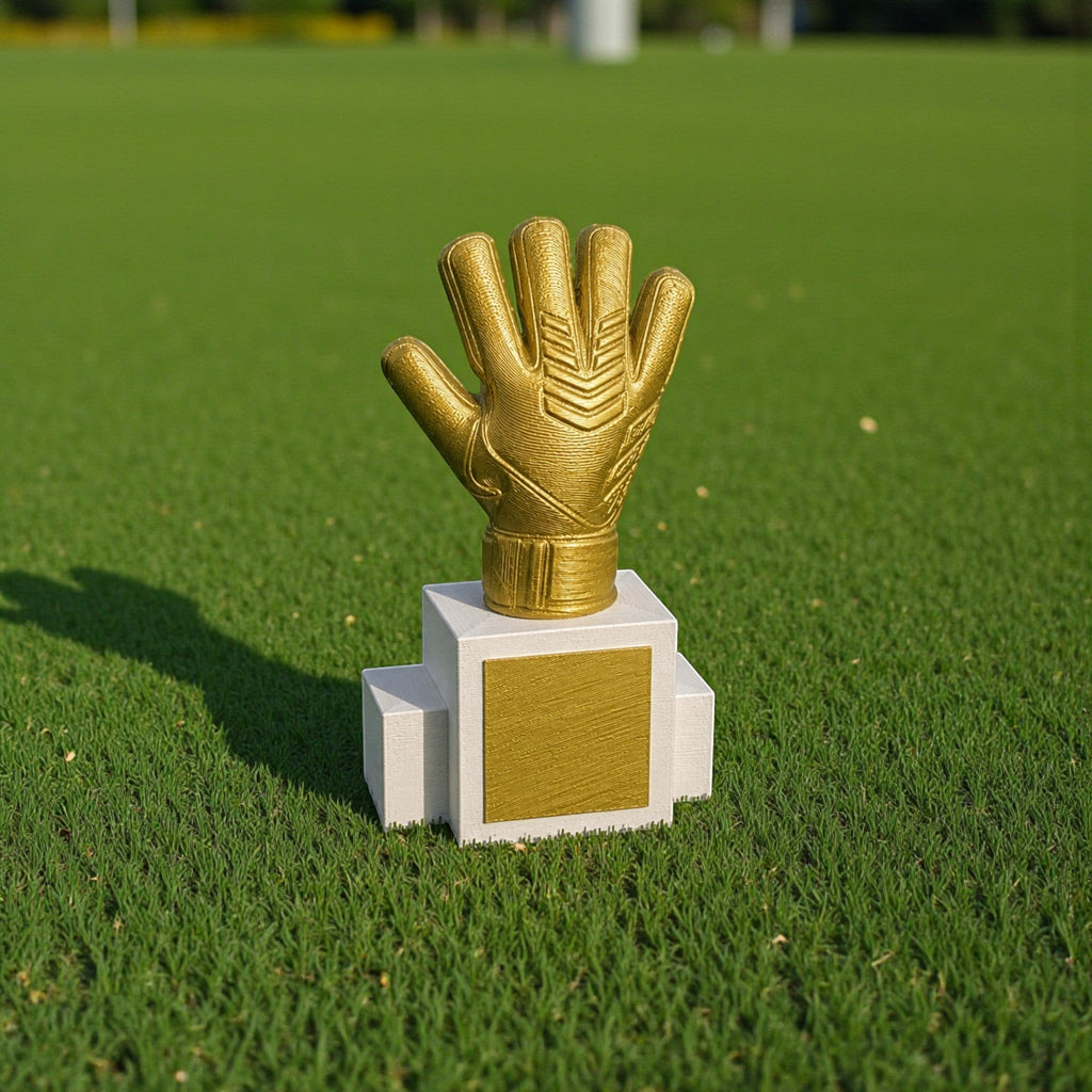 Magicland 3D altın eldiven futbol ödülü, beyaz kaide üzerinde duruyor. Yapay çim zeminde gölgeli.