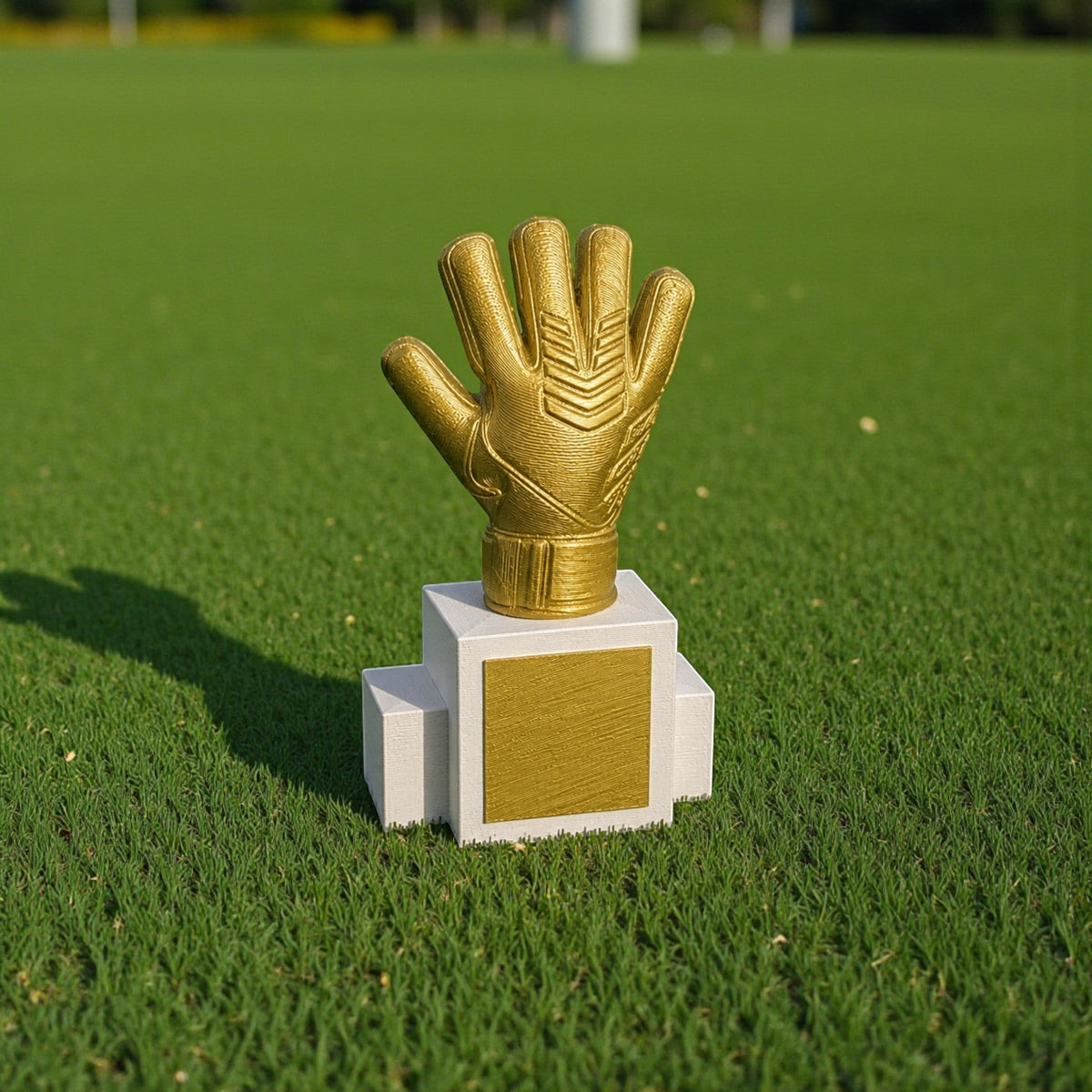 Magicland 3D altın eldiven futbol ödülü, beyaz kaide üzerinde duruyor. Yapay çim zeminde gölgeli.