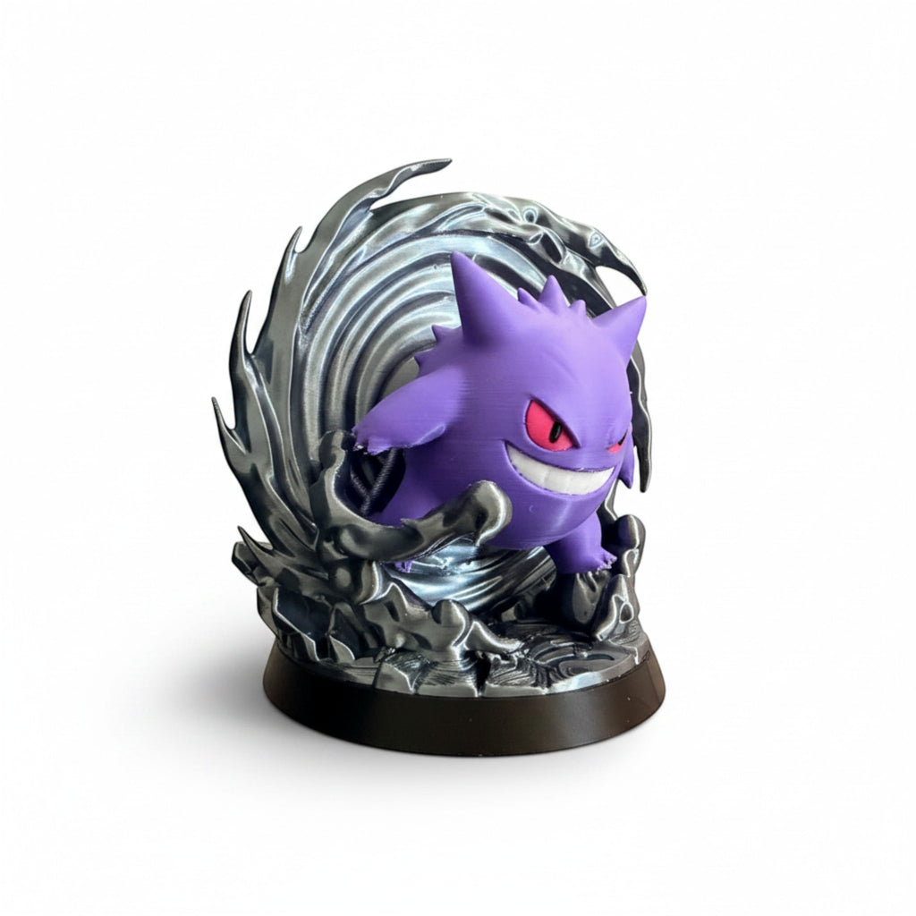 Magicland 3D Gengar figürü, mor renkli, kırmızı gözlü, karanlık girdap efektli diorama