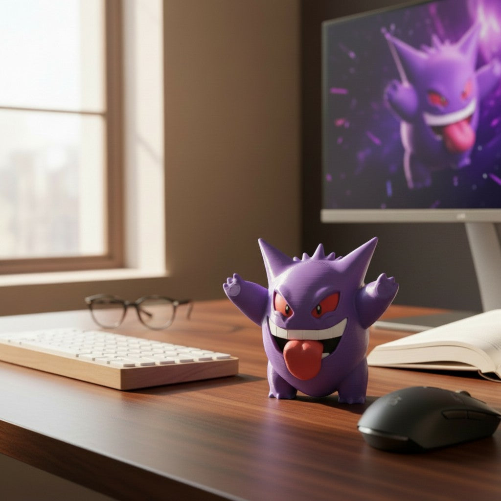 Magicland 3D Gengar figürü, mor renkli, 3D baskı, koleksiyonluk figür, masada duruyor.