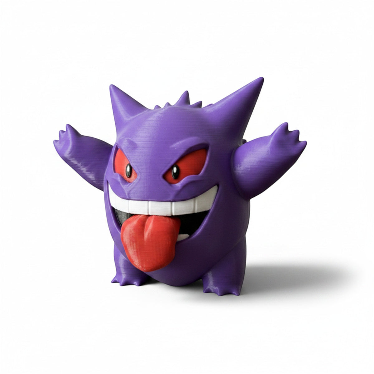 Magicland 3D Gengar figürü, mor renkli, kırmızı gözlü, dilini çıkarmış, 3D baskı.
