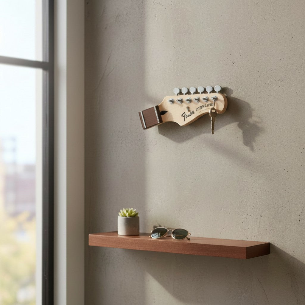 Magicland 3D gitar tasarımlı anahtarlık askısı, duvara monte edilmiş, anahtar tutucu olarak kullanılıyor.