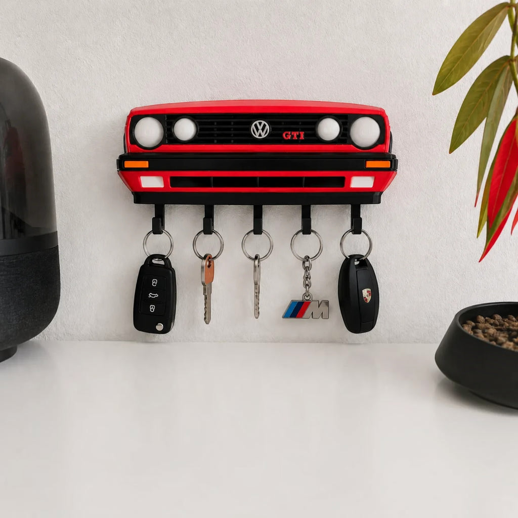 Magicland 3D tasarımı kırmızı Volkswagen Golf MK2 GTI ön yüzü görünümlü, 5 kancalı duvara monte anahtarlık askısı.