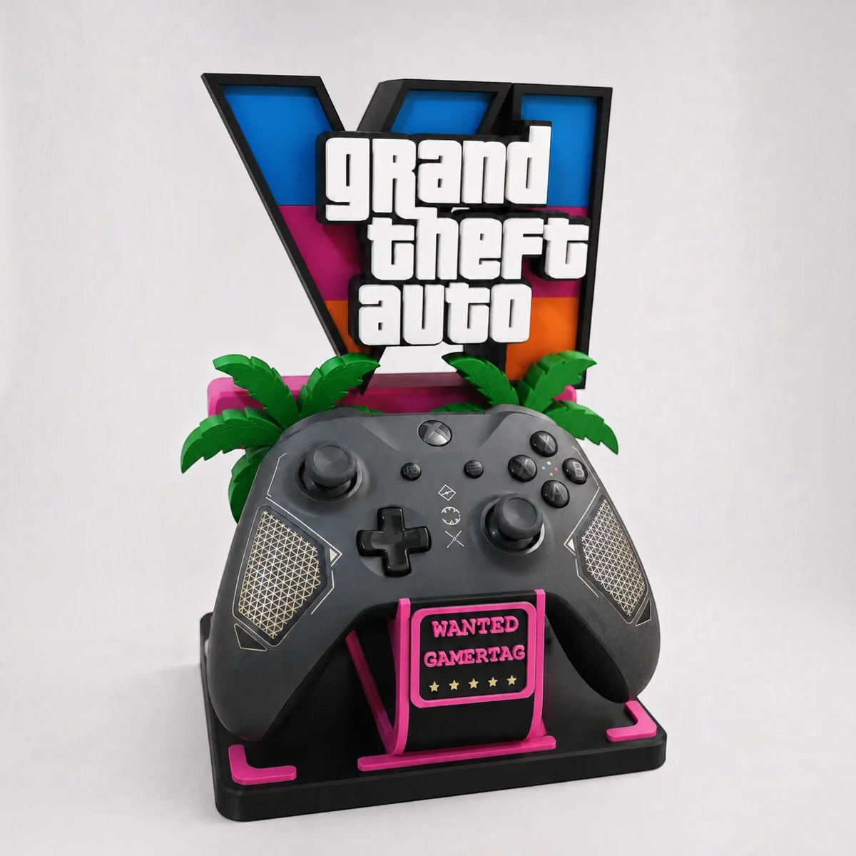 Magicland 3D tasarımı, GTA VI logolu, palmiye detaylı ve siyah oyun kolu tutuculu 3D baskı gamepad standı.