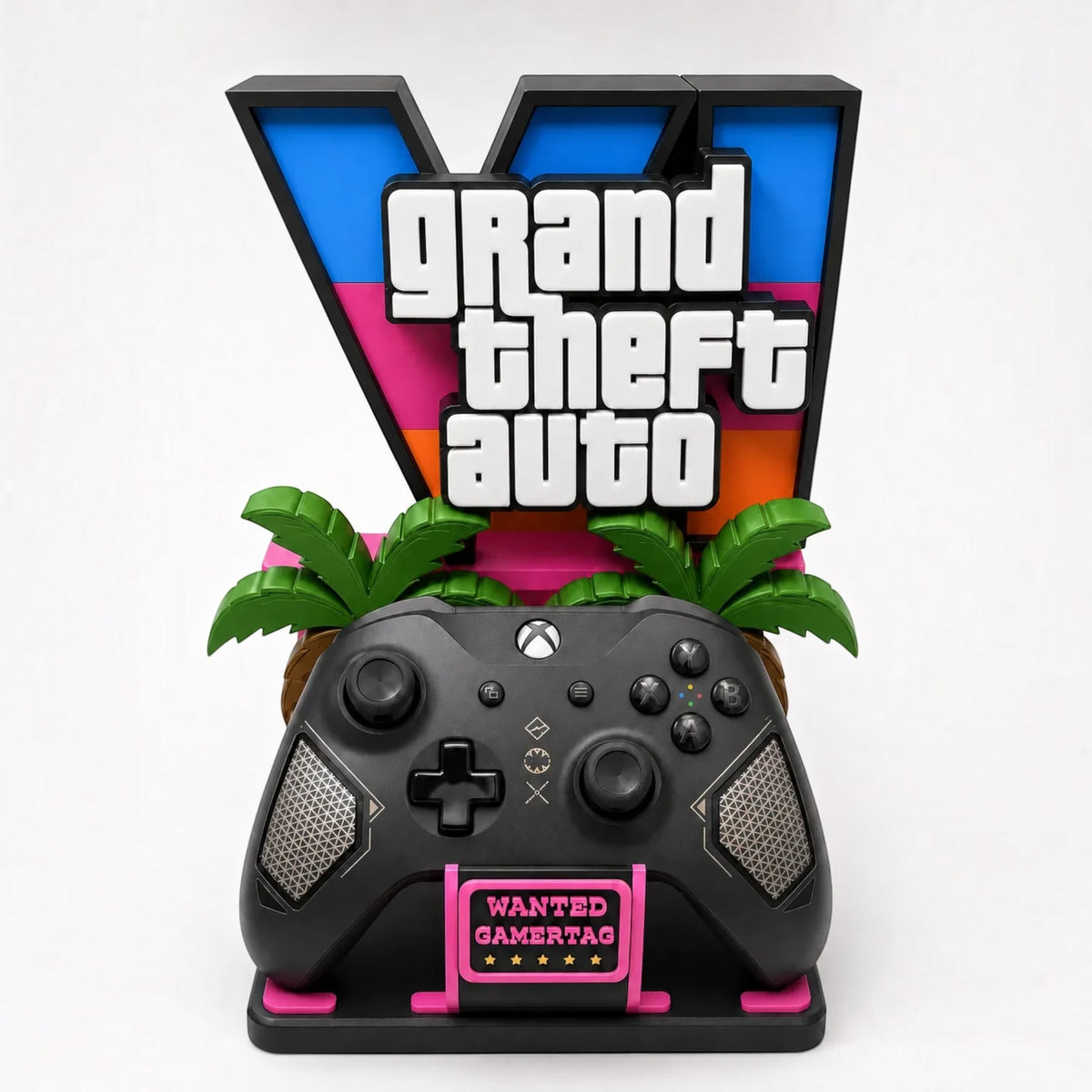 Magicland 3D tasarımı, GTA VI logolu, palmiye detaylı ve siyah Xbox oyun kolu tutucu stant.