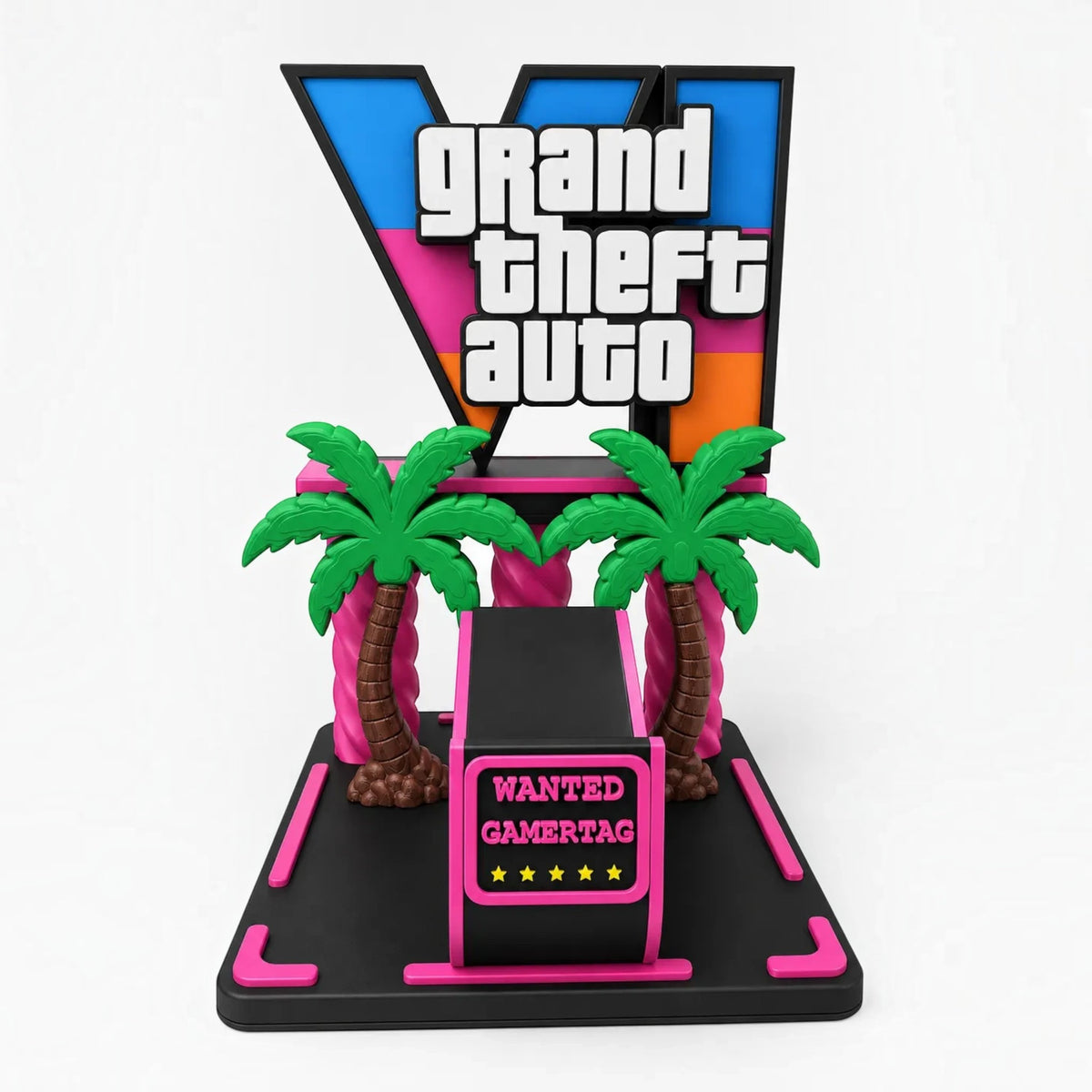 Magicland 3D tasarımı renkli GTA VI logolu, palmiye detaylı ve PS5/Xbox uyumlu 3D baskı oyun kolu standı