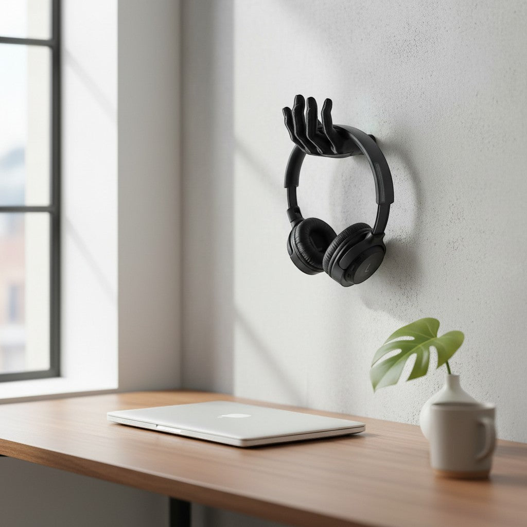 Black 3D printed hand-shaped headphone stand by Magicland 3D, holding black over-ear headphones.