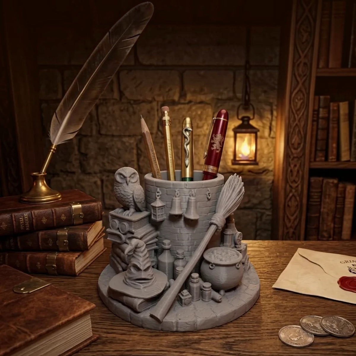 Magicland 3D Harry Potter temalı, baykuş ve seçmen şapka detaylı gri PLA masaüstü kalemlik