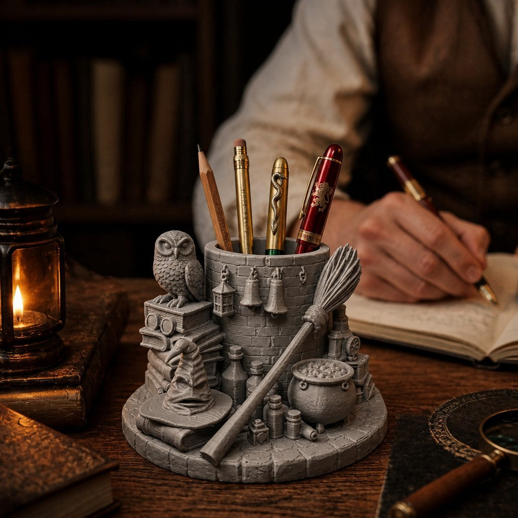 Magicland 3D Harry Potter temalı, baykuş ve seçmen şapka detaylı gri PLA masaüstü kalemlik