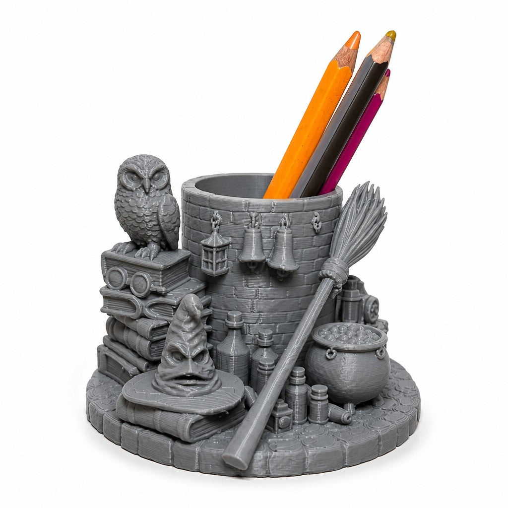 Magicland 3D gri renkli, baykuş, seçmen şapka ve süpürge detaylı Harry Potter temalı 3D baskı masaüstü kalemlik