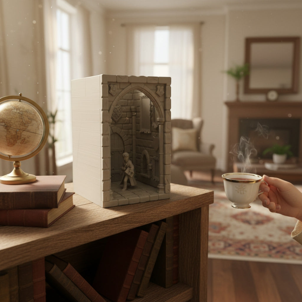 Magicland 3D Harry Potter kitap tutucu, Hogwarts koridorunu ve Harry figürünü detaylıca gösteriyor.