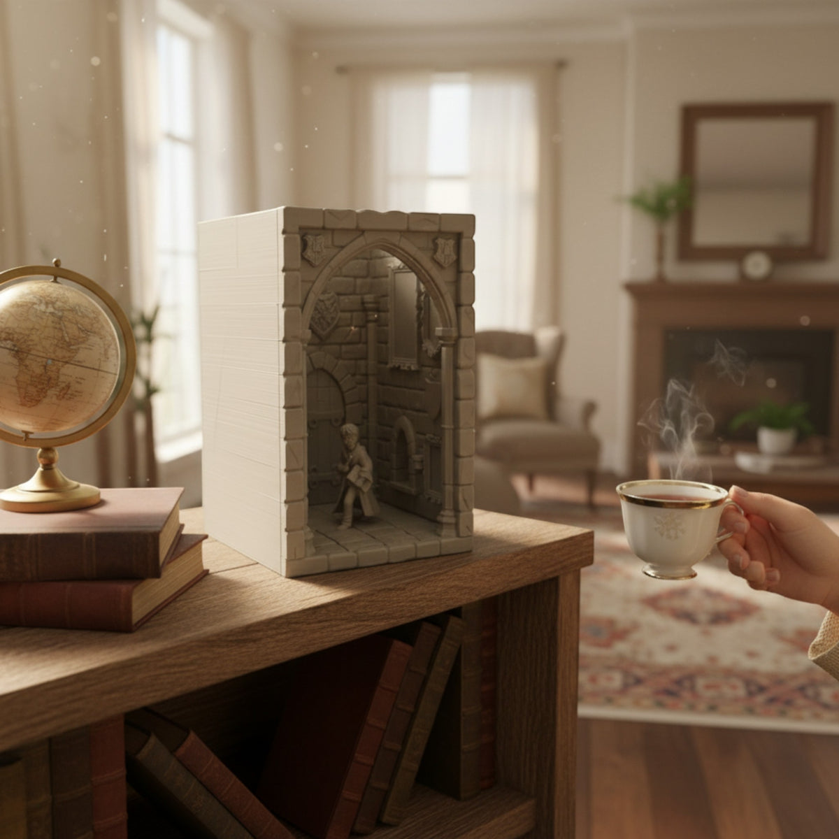 Magicland 3D Harry Potter kitap tutucu, Hogwarts koridorunu ve Harry figürünü detaylıca gösteriyor.