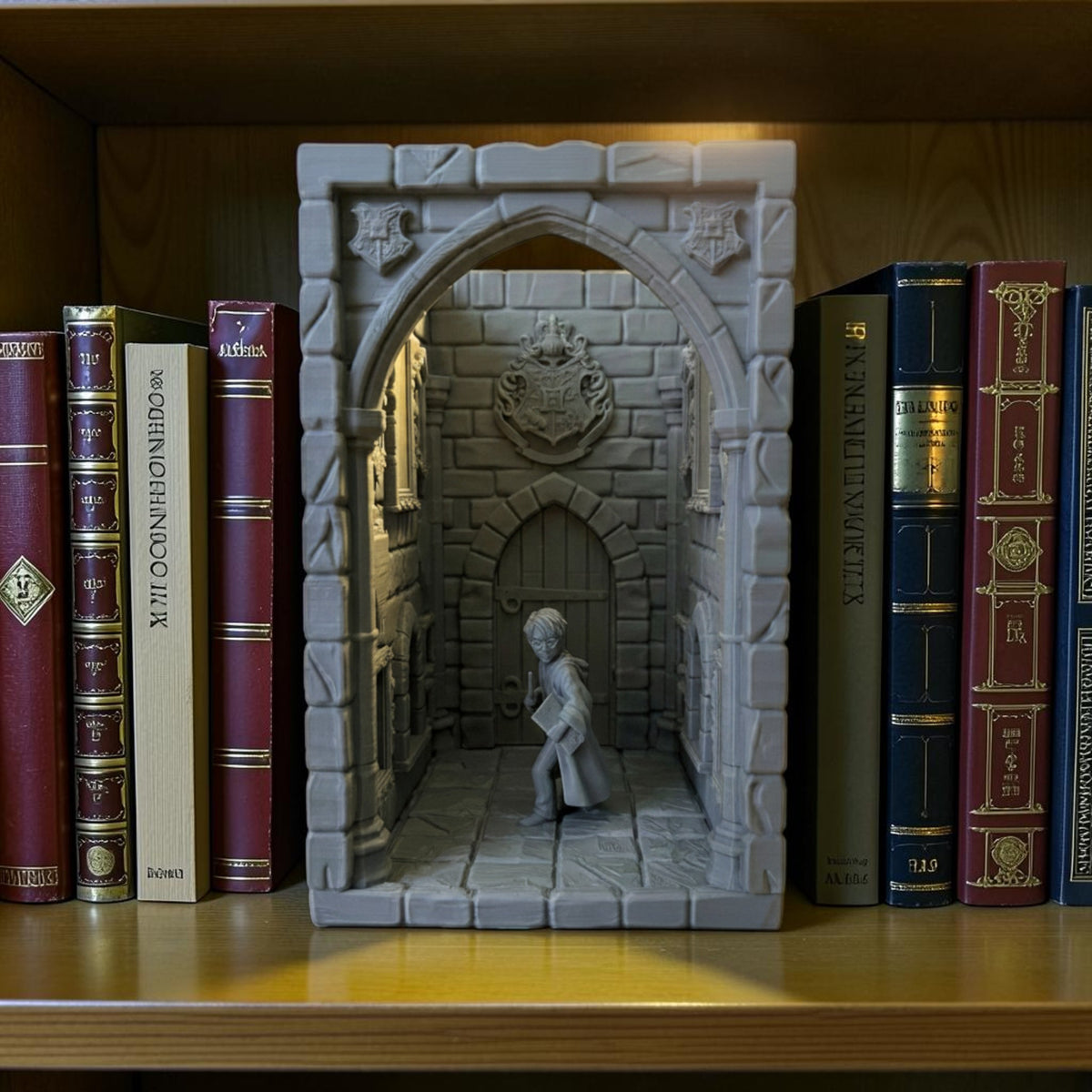 Magicland 3D Harry Potter kitap tutucu, Hogwarts koridorunu ve Harry Potter figürünü tasvir eden gri reçine diorama.