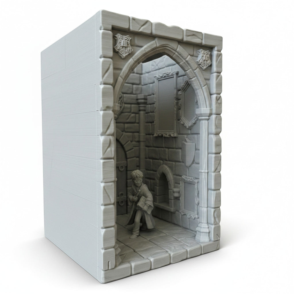 Magicland 3D Harry Potter kitap tutucu diorama, taş duvarlar, kemerli giriş ve Harry Potter figürü içerir.