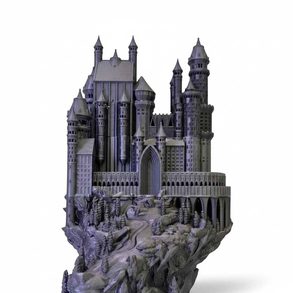 Magicland 3D Hogwarts dekoratif figür, detaylı gri reçine döküm, fantastik kale modeli.