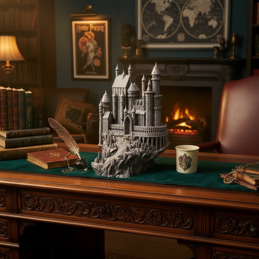 Magicland 3D Hogwarts dekoratif figür, gri reçine malzemeden yapılmış, detaylı mimariye sahip, kayalık zemin üzerinde duran bir makettir.